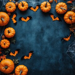 Halloween party background from pumpkins, bats, spider web top view. Happy halloween holiday greeting card, flat lay with background