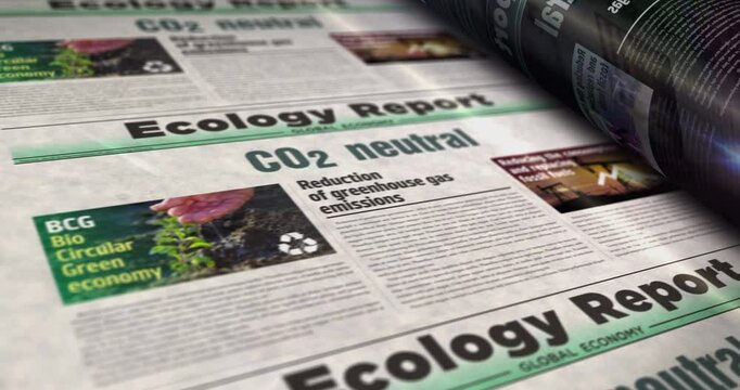 Co2 neutral global warming zero emission and decarbonize daily news newspaper roll printing. Abstract concept retro headlines 3d seamless looped.
