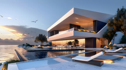Fototapeta premium Sleek and Sophisticated Seaside Villa with Striking Pool Design and Minimalist Aesthetic