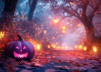 Naklejka premium Halloween pumpkin in purple and pink colors on the background