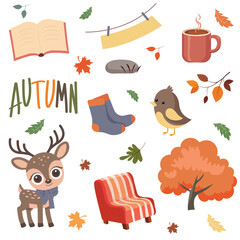 Naklejka premium Set of cozy elements on an autumn theme on an isolated background. Flat vector. 