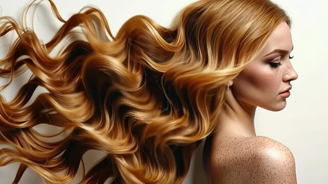 A woman with wavy hair showcases her fashionable hairstyle, exuding beauty, health, and elegance