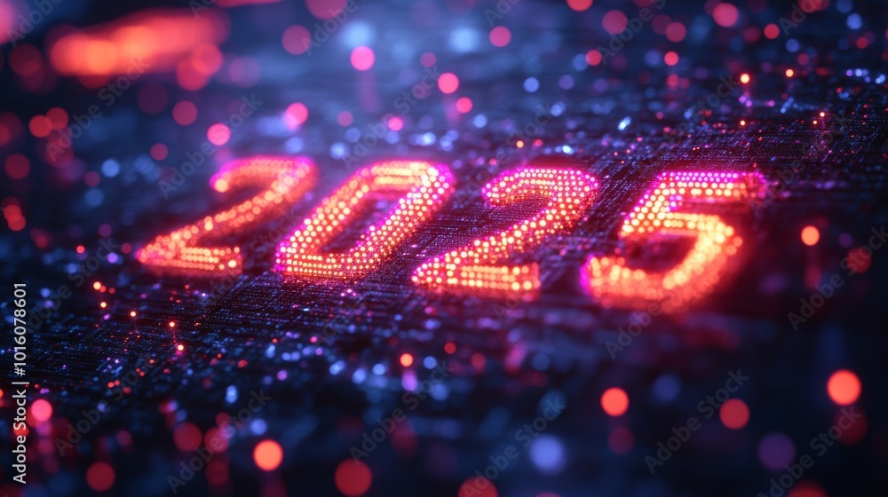 Poster dynamic visual representation of the year 2025 with glowing data patterns and bright colors