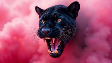 Black jaguar with a furious expression emerges from the pink smoke