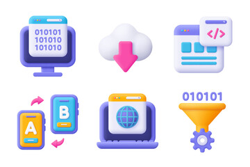 Web development , SEO, coding and programming 3d vector icon set. Cartoon minimal style.