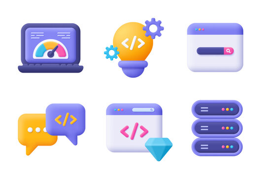 Web development , SEO, coding and programming 3d vector icon set. Cartoon minimal style.