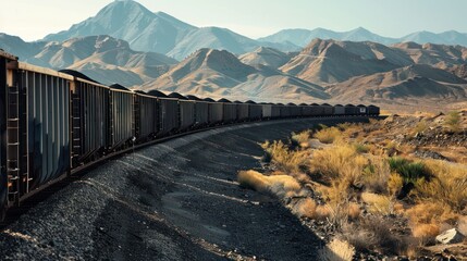 Coal Train Winding Through Rugged Mountainous Terrain