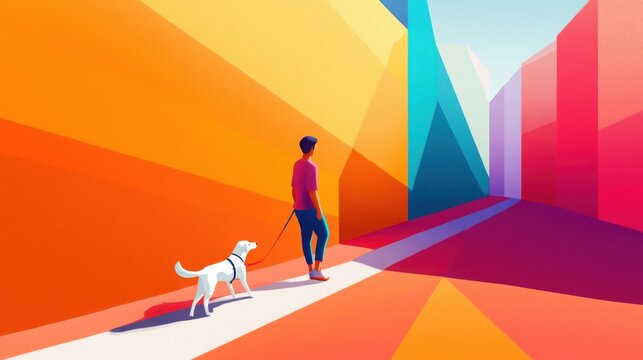 person with a guide dog walking confidently down a colorful, vibrant street