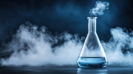 Mysterious blue liquid in flask with evaporation smoke