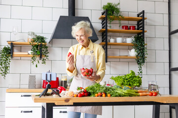 happy beautiful elderly gray haired senior woman cook in cozy kitchen with fresh organic vegetables, records a recipe on phone camera as food blogger or cooks according to recipe online and smiling