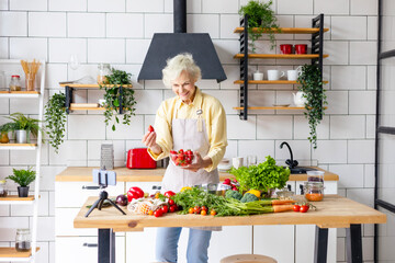 happy beautiful elderly gray haired senior woman cook in cozy kitchen with fresh organic vegetables, records a recipe on phone camera as food blogger or cooks according to recipe online and smiling