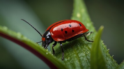 A red ladybug with black spots perched on a green leaf.