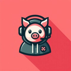 A cute cartoon pig wearing a green hoodie and headphones. The pig is looking at the viewer with a smile on its face. The background is a pink color.