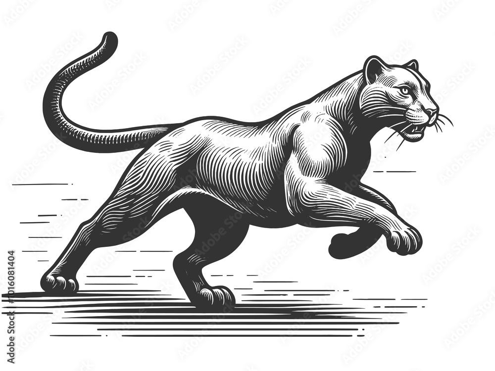 Poster jumping running panther, emphasizing its muscular build and agility. tattoo design sketch engraving 