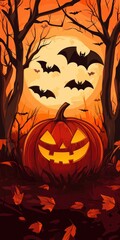 Halloween-themed, cartoon-style illustration featuring a spooky pumpkin in the center 