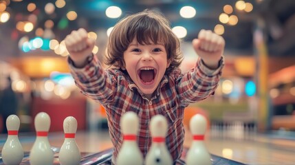A joyful child raises his arms in excitement after hitting a strike while bowling