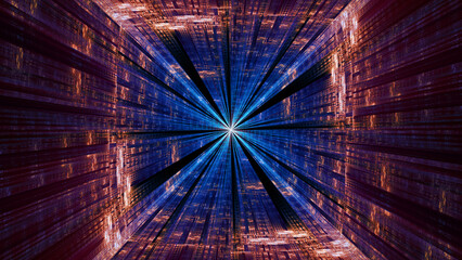 Futuristic technology abstract background. Digital data, science fiction tunnel, machine learning. Fractal art.
