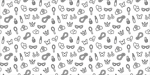trendy, seamless, pattern with contour details. isolated elements for girl. Shoes, lipstick, earrings, glasses, jewelry, heart. for print, paper, banner. vector art illustration.
