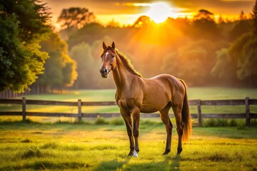 Brown Young Horse in Paddock at Dusk – Low Light Photography