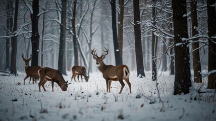 Obraz premium A herd of deer graze in a snowy forest.