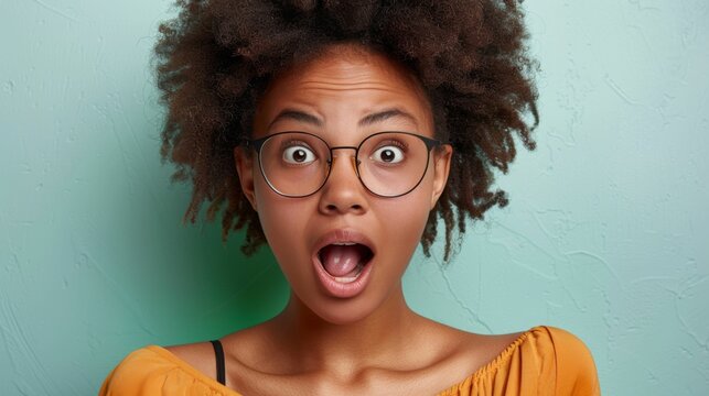 Attractive young emotional African American female looks with great surprisment at camera, keeps mouth widely opened