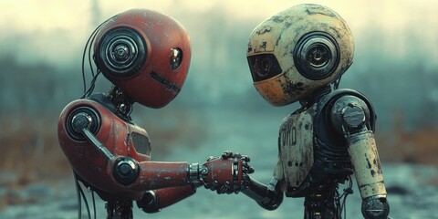 Fototapeta premium Handshake between two robot with background