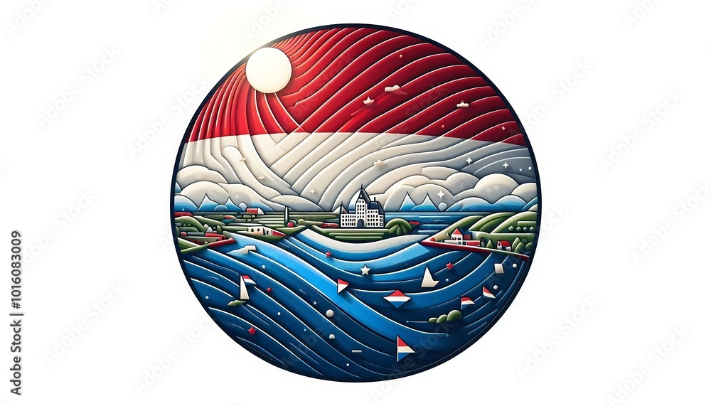 Poster a colorful round design of a country with a blue ocean and mountains. the design is of a flag with a