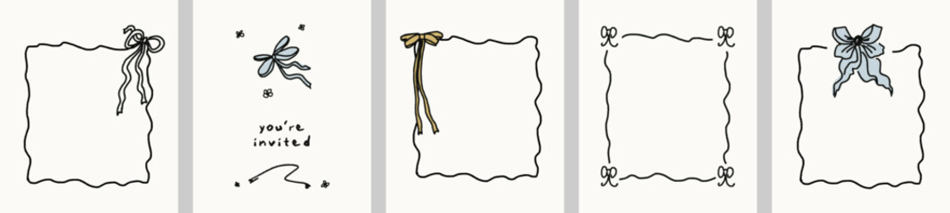 Set bow frames template with space for text. for your design celebration greetings and invitations cards. Hand drawn doodle illustration. Childish naive vector art