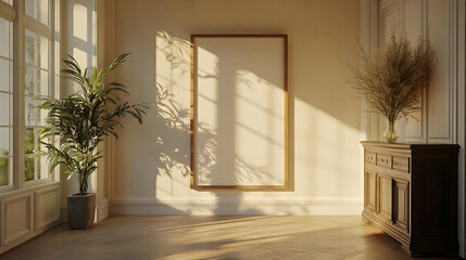 Fototapeta premium Golden Frame Mockup in a Sunlit Room 3D Illustration