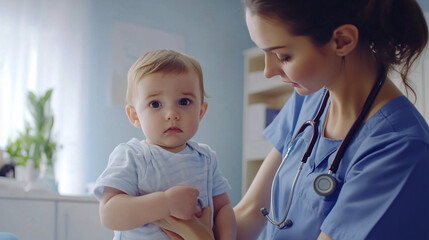 A concerned baby with doctor in clinic wearing stethoscope.