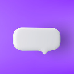 3D white rectangular speech bubble icon on a purple background.
