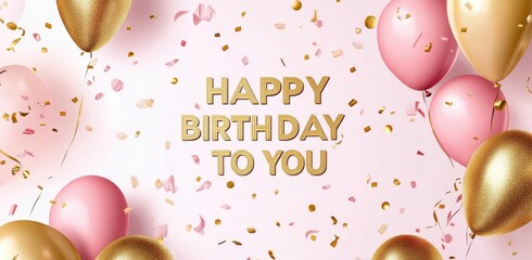 Happy birthday banner template design with golden balloons and confetti decoration on a pink background,