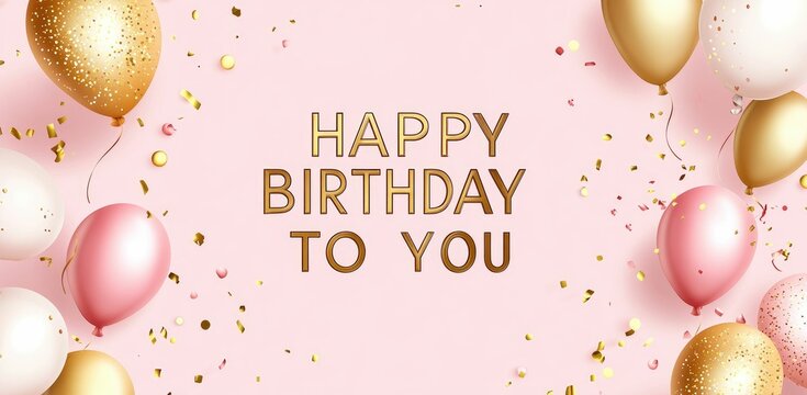 Happy birthday banner template design with golden balloons and confetti decoration on a pink background,