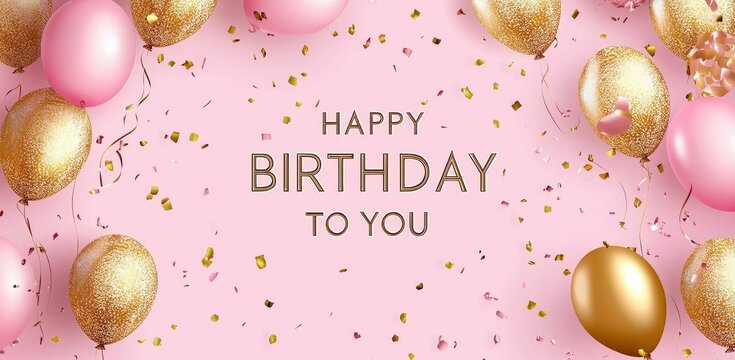 Happy birthday banner template design with golden balloons and confetti decoration on a pink background,