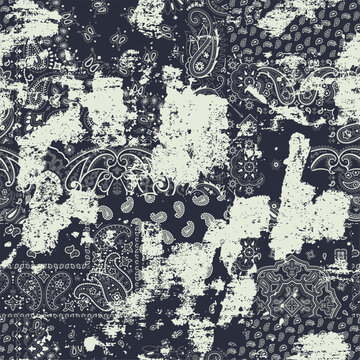 Black bandana paisley fabric patchwork wallpaper abstract vector seamless pattern for scarf kerchief shirt fabric carpet rug tablecloth pillow grunge  effect in separate layer