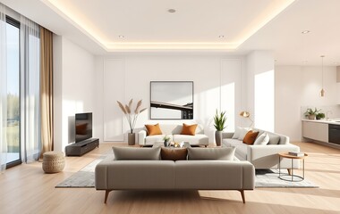 Fototapeta premium Modern Lounge Setting with a Comfortable Sofa, Stylish Bench, and Floor Lamp