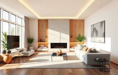 Fototapeta premium Modern Lounge Setting with a Comfortable Sofa, Stylish Bench, and Floor Lamp