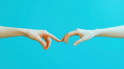 two hands communicating in sign language, set against a bright blue background.