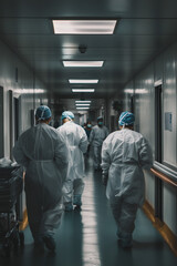 Healthcare workers in protective gear in a hospital corridor