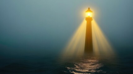 Fototapeta premium Misty Lighthouse Shining Through Dense Fog