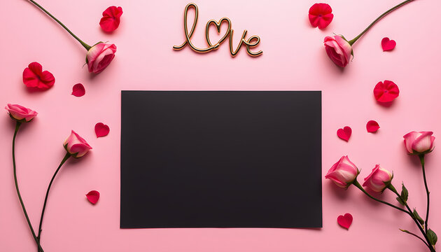 Saint Valentine, love, flatlay overhead top black paper photo stand props emotion lips pink background copy space isolated with white highlights, png