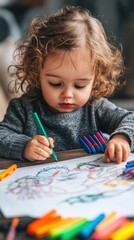 A child engages in a creative activity, coloring with bright markers at a wooden table
