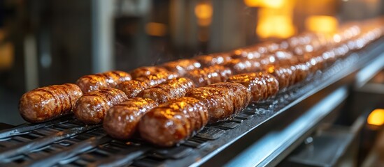 A line of sausages moving on a conveyor belt in a food processing factory.