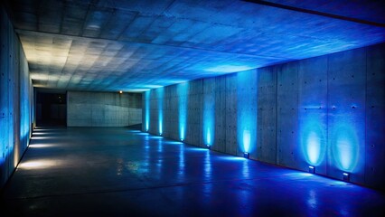 Industrial hallway lit by blue lights for a futuristic feel.