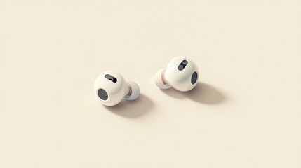 modern wireless earbuds, placed neatly on a soft beige background.