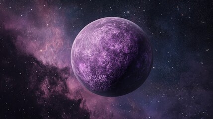 A detailed shot of a purple planet surrounded by stars and cosmic dust, showcasing intricate textures and colors.