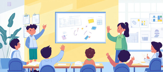 Classroom setting where children are raising their hands while engaging with a teacher in a bright learning environment filled with educational posters.