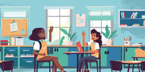 Two students in a classroom raising their hands during an engaging activity, with colorful books, plants, and a vibrant educational environment around them.