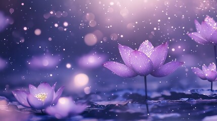 Serene light purple lotus floating on sparkling water with ethereal light effects, creating a dreamy purple wallpaper ideal for tranquil backgrounds and relaxing ambiance in digital designs.
