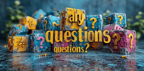 3D render of colorful cubes with question marks on dark blue background for ANY QUESTIONS concept